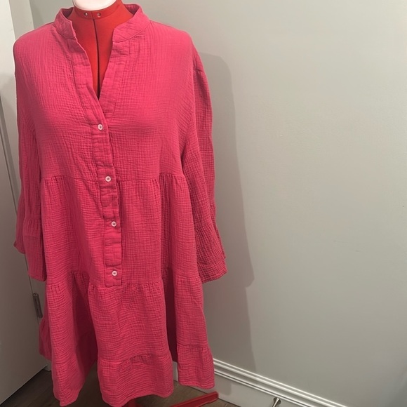 Pink Flowy Tiered Bell Sleeve Comfy 100% Cotton Dress Size Large - Picture 1 of 7